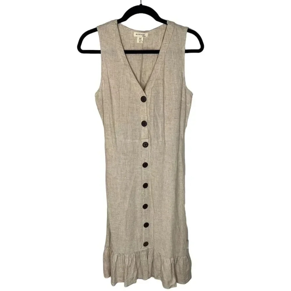 Monteau Women's Beige Sleeveless Ruffled Hem Midi‎ Dress Size M